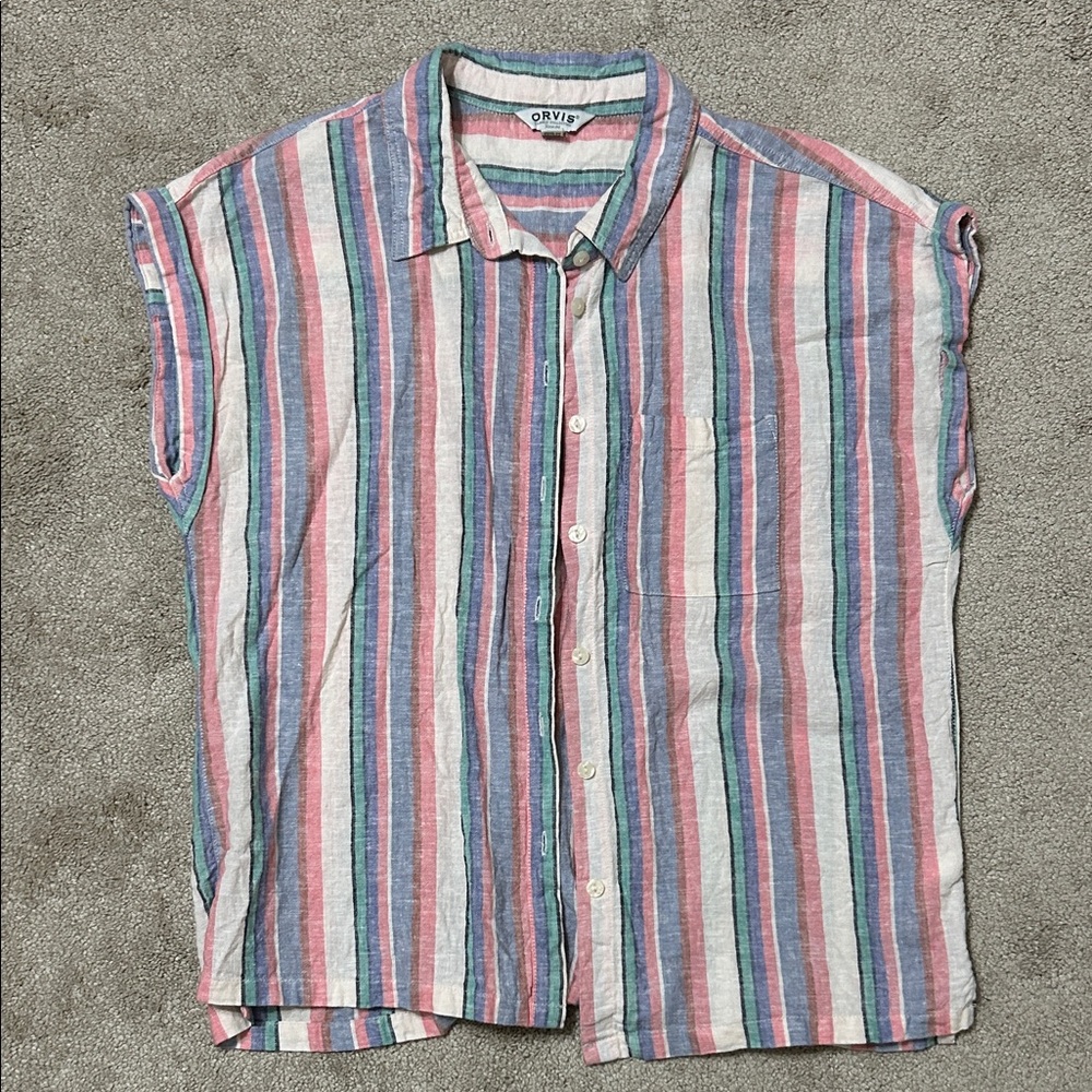 Orvis Striped Multicolor Linen-Blend Short Sleeve Button-Down